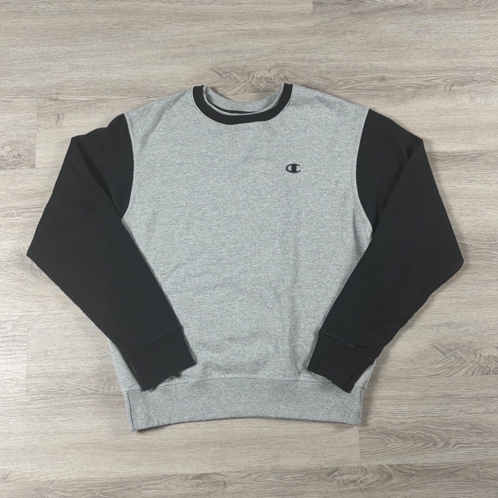 Champion Sweatshirt Mens Medium Gray Black Colorblock Crewneck Long Sleeve Logo